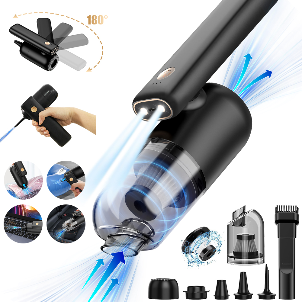HomSail 9Kpa Handheld Vacuum Cleaner Cordless Car Vacuum Rechargeable 180° Foldable 6 in 1 Inflator Portable Suction \u0026 Air Duster with Led Light for Car Home Office Pet Hair Travel,Black